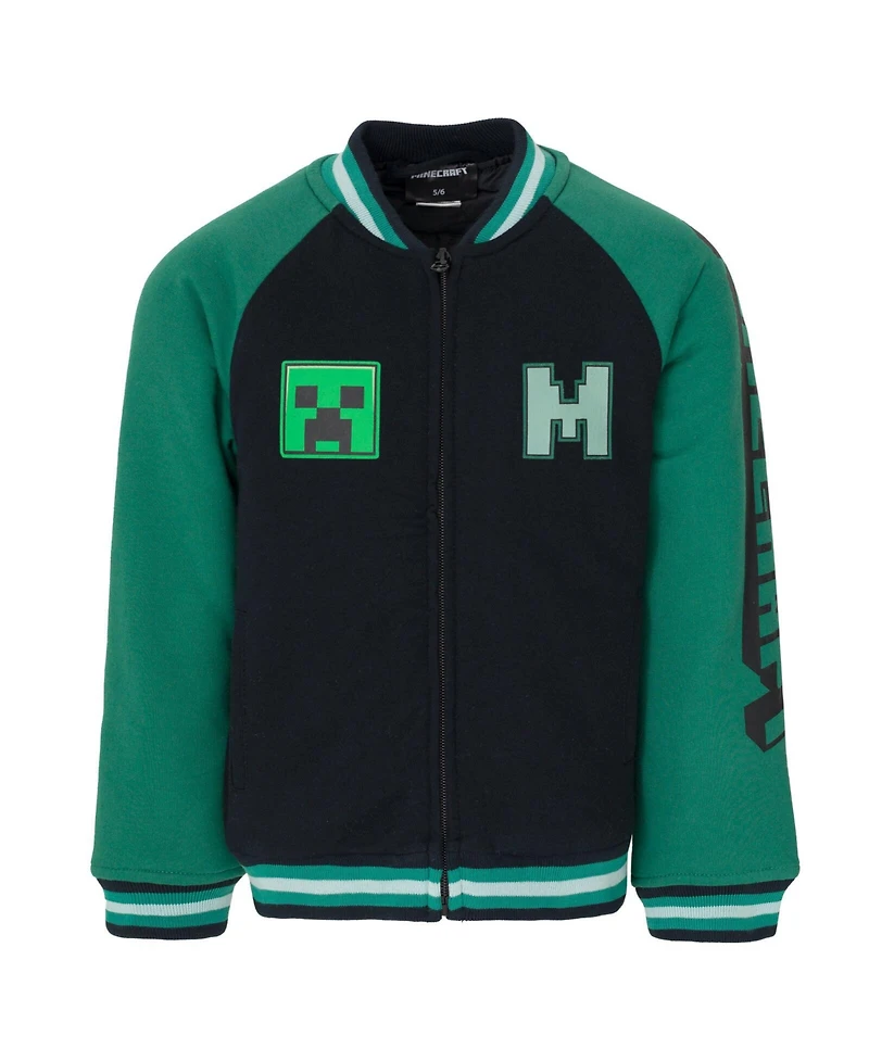 Minecraft Boys Creeper French Terry Zip Up Varsity Bomber Jacket