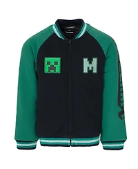 Minecraft Boys Creeper French Terry Zip Up Varsity Bomber Jacket