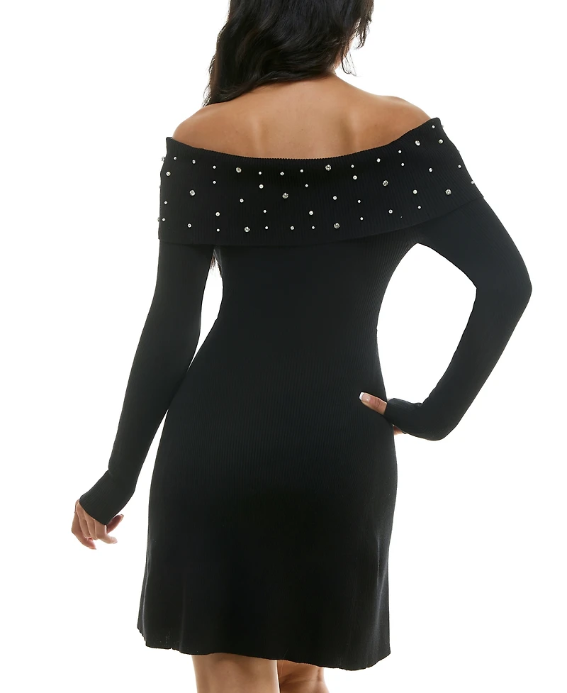 Bcx Juniors' Embellished Off-The-Shoulder Sweater Dress