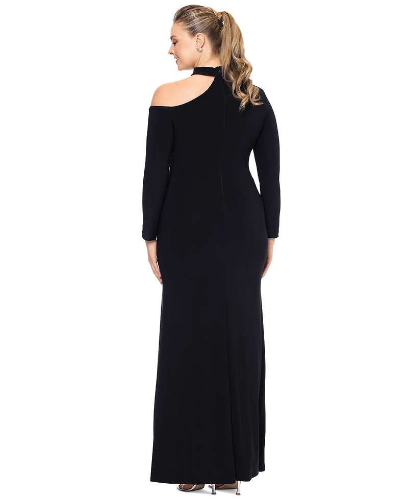 Xscape Plus Shoulder-Cutout High-Slit Evening Gown