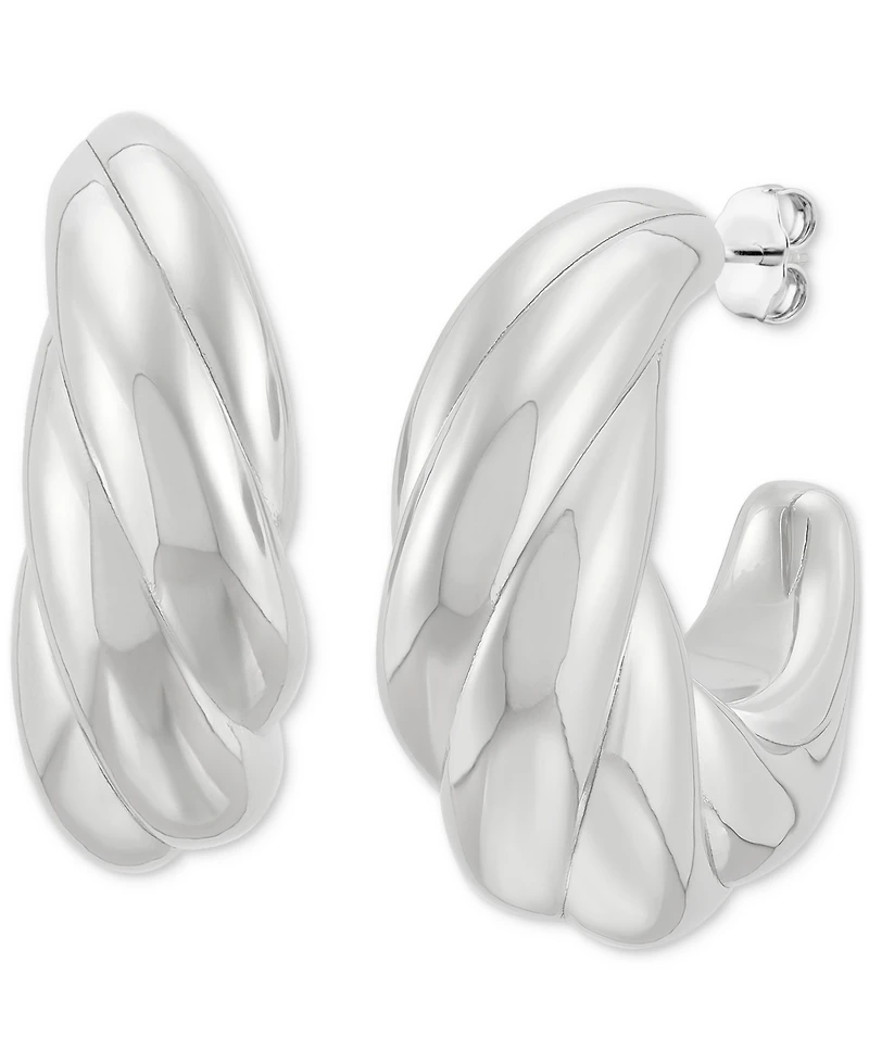 Polished Shrimp Style Medium Hoop Earrings in Sterling Silver, 1.3"