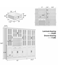 White Wooden Bookcase, Sideboard with 19-Tier Shelves and 2 Drawers