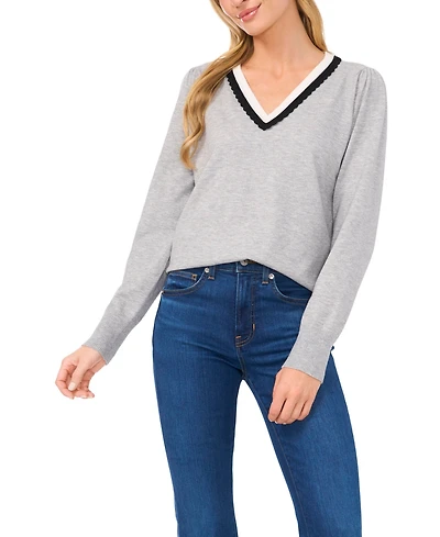 CeCe Women's Contrast Collar V-Neck Sweater