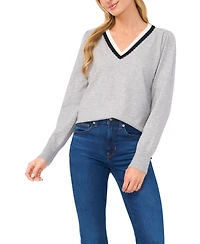 CeCe Women's Contrast Collar V-Neck Sweater