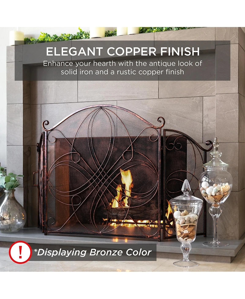 Best Choice Products 3-Panel 55x33in Wrought Iron Fireplace Safety Screen Decorative Scroll Spark Guard Cover