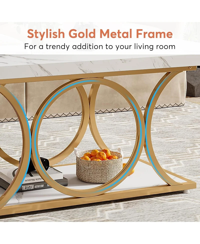 Tribesigns Rectangle Coffee Table, 47.24-inch Modern Coffee Tables for Living Room, 2-Tier Faux Marble Wood Coffee Table with Geometric Metal Legs,Bla