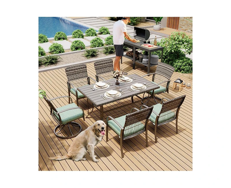 Pamapic 7-Piece Patio Dining Set for 6 with Green Cushion 4 Chairs and 2 Swivel Rockers