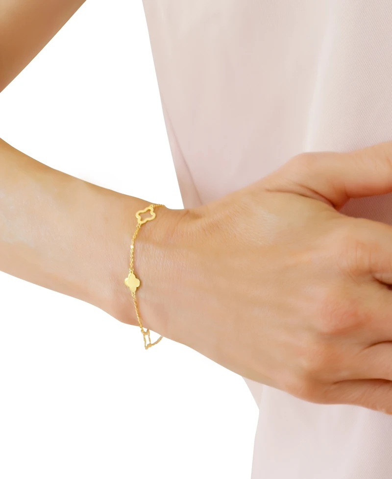 Solid & Silhouette Alternating Clover Station Link Bracelet in 14k Gold