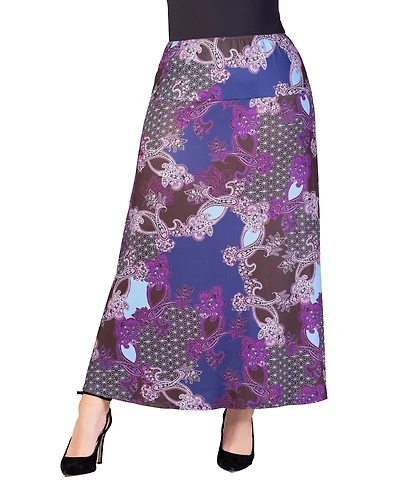 24seven Comfort Apparel Plus Size Elastic Waist Printed Maxi Skirt