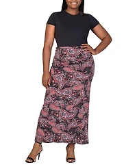 24seven Comfort Apparel Plus Fold Over Waist Printed Maxi Skirt