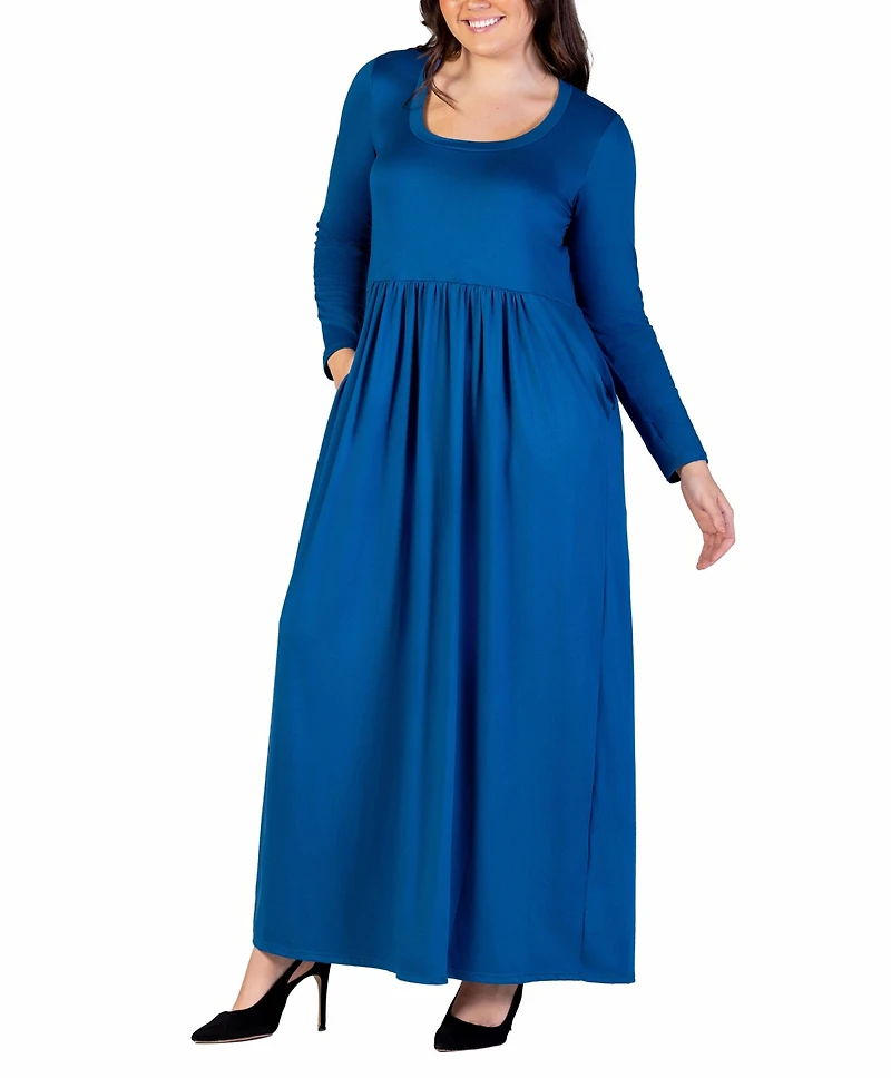 24seven Comfort Apparel Plus Long Sleeve Maxi Dress with Pockets