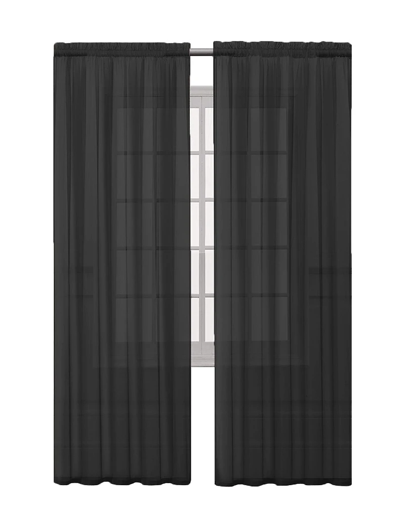 GoodGram Set of 2 Light Weight Basic Sheer Voile Rod Pocket Window Curtain Panels - Black, 84 in. Long