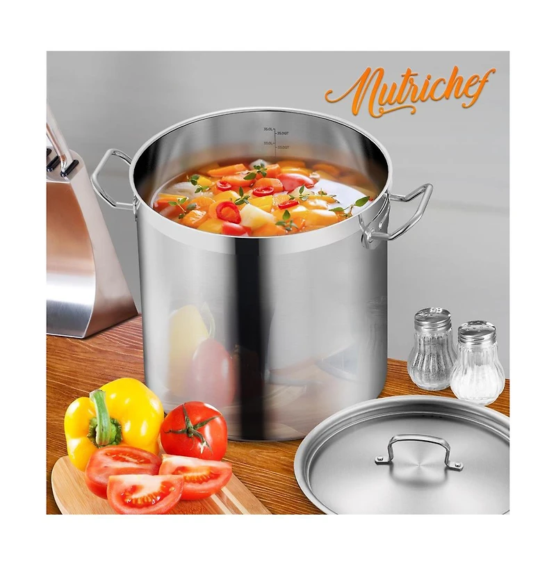 NutriChef Stainless Steel Cookware Stockpot - 35 Quart, Heavy Duty Induction Pot, Soup Pot With Stainless Steel Lid