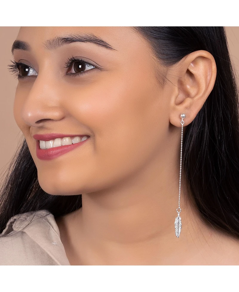 Bling Jewelry Boho Minimalist Long Thin Linear Beaded Ball Chain Feather Leaf Dangle Earrings Western Jewelry .925 Sterling Silver