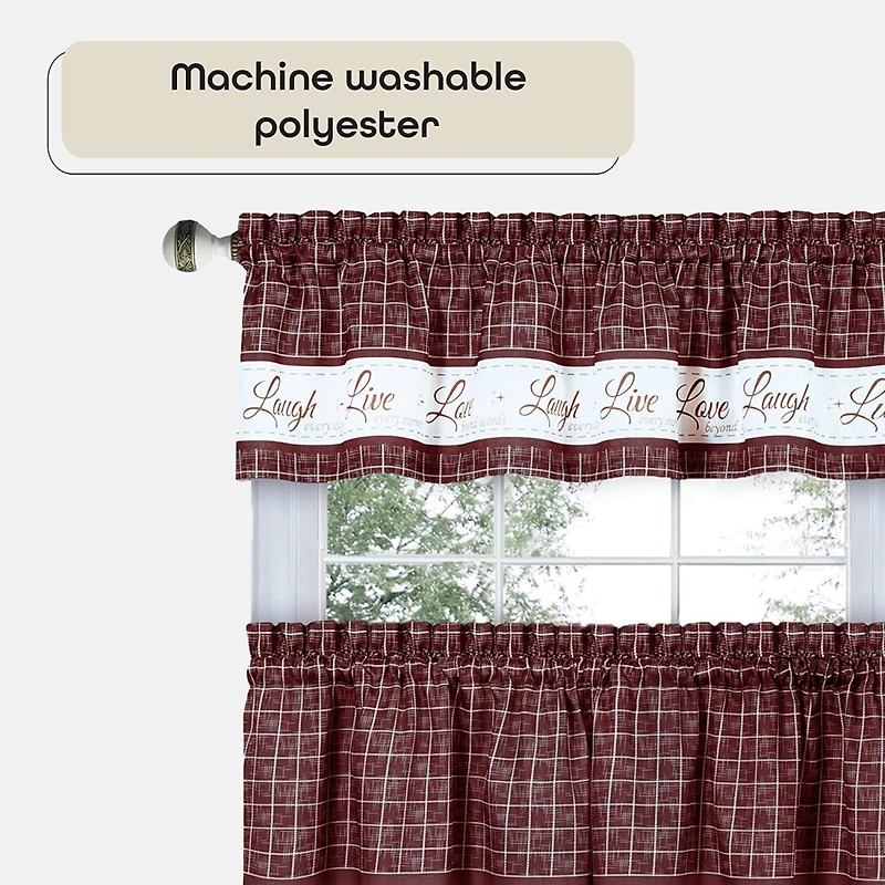 Kate Aurora Country Farmhouse Plaid Live laugh love 3 Piece Kitchen Curtain Set
