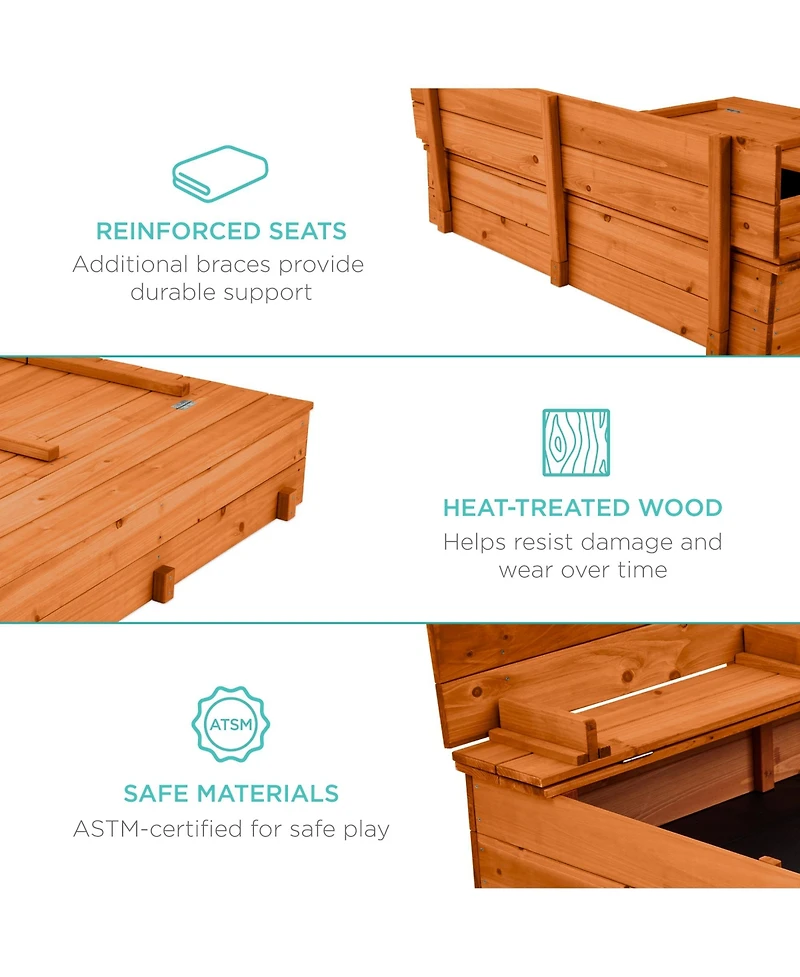 Best Choice Products 47x47-Inch Kids Wooden Outdoor Sandbox w/ 2 Foldable Bench Seats, Sand Protection, Liner