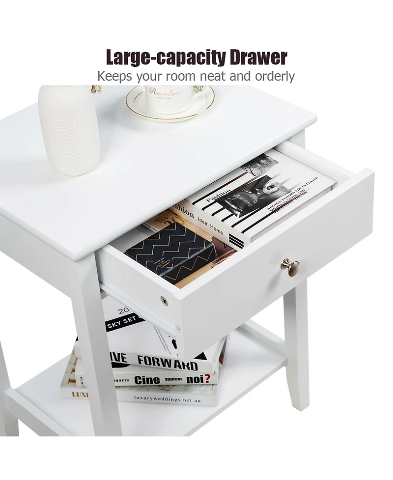 Gymax 2PCS Nightstand Sofa Side End Table Bedroom Living Room w/ Shelf Drawer White