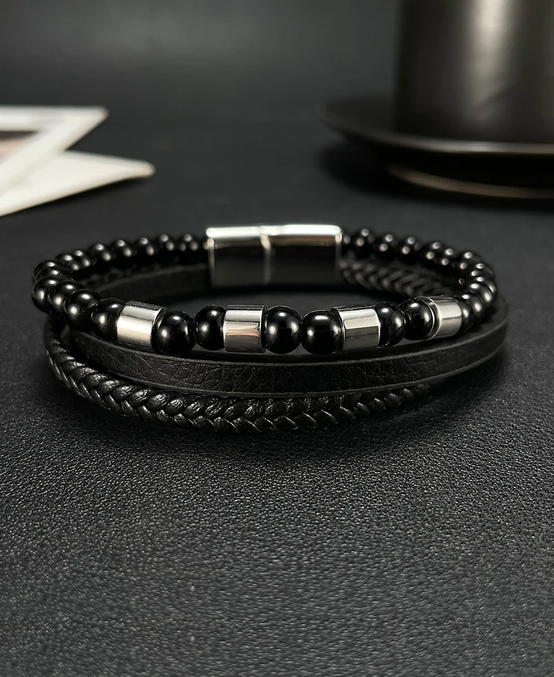 Rhona Sutton Black Leather Beaded Stainless Steel Bracelet