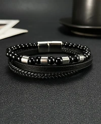 Rhona Sutton Black Leather Beaded Stainless Steel Bracelet