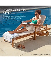 Best Choice Products 79x26in Acacia Wood Outdoor Chaise Lounge Chair w/ Adjustable Backrest, Table, Wheels