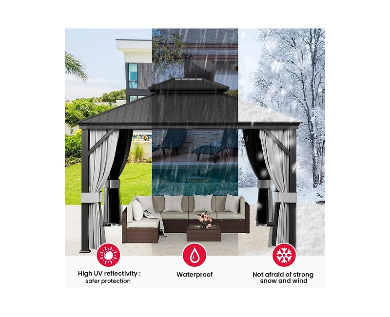 Pamapic 12 ft. x 14 ft. Metal Hardtop Gazebo with Curtains