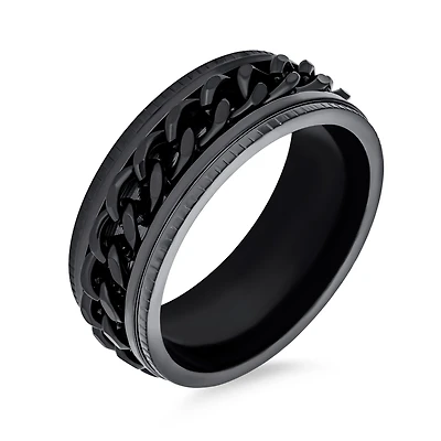 Bling Jewelry Black Rope Chain Cable Mens Black Spinner Fidget Ring For Men Stainless Steel 8MM Wide