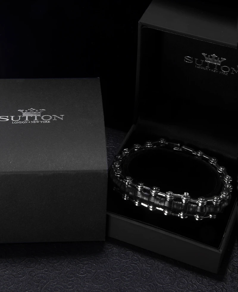 Rhona Sutton Silver Leather Bicycle Chain Stainless Steel Bracelet