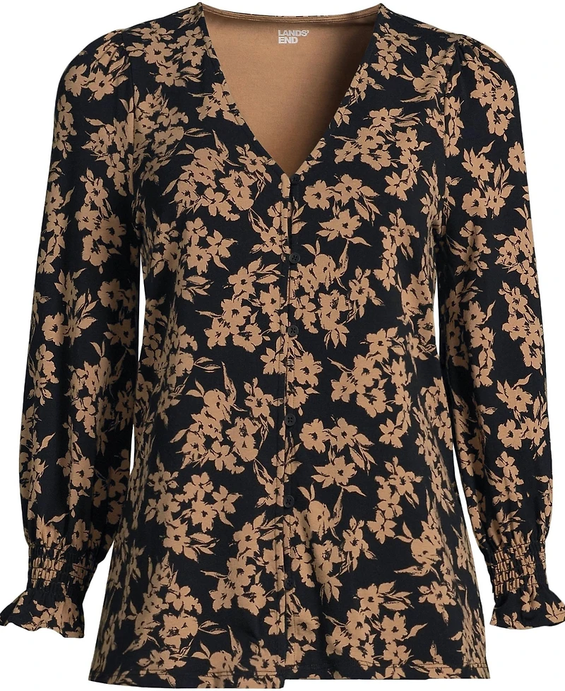 Lands' End Women's 3/4 Sleeve Lightweight Jersey Button Front Top
