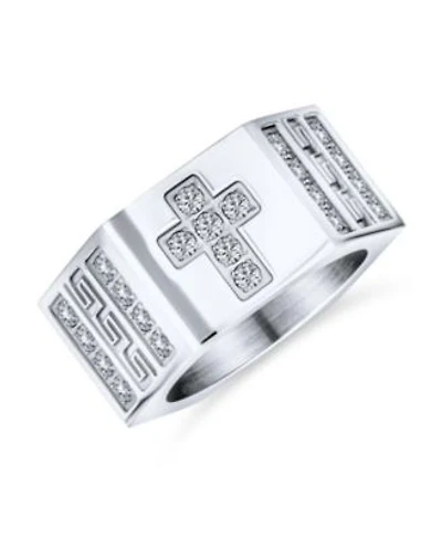 Bling Jewelry Religious Wide 6 Side Christian Greek Key Cubic Zirconia Cz Accent Cross Statement Ring Band Silver Tone Stainless Steel