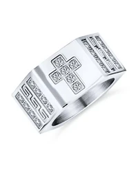 Bling Jewelry Religious Wide 6 Side Christian Greek Key Cubic Zirconia Cz Accent Cross Statement Ring Band Silver Tone Stainless Steel