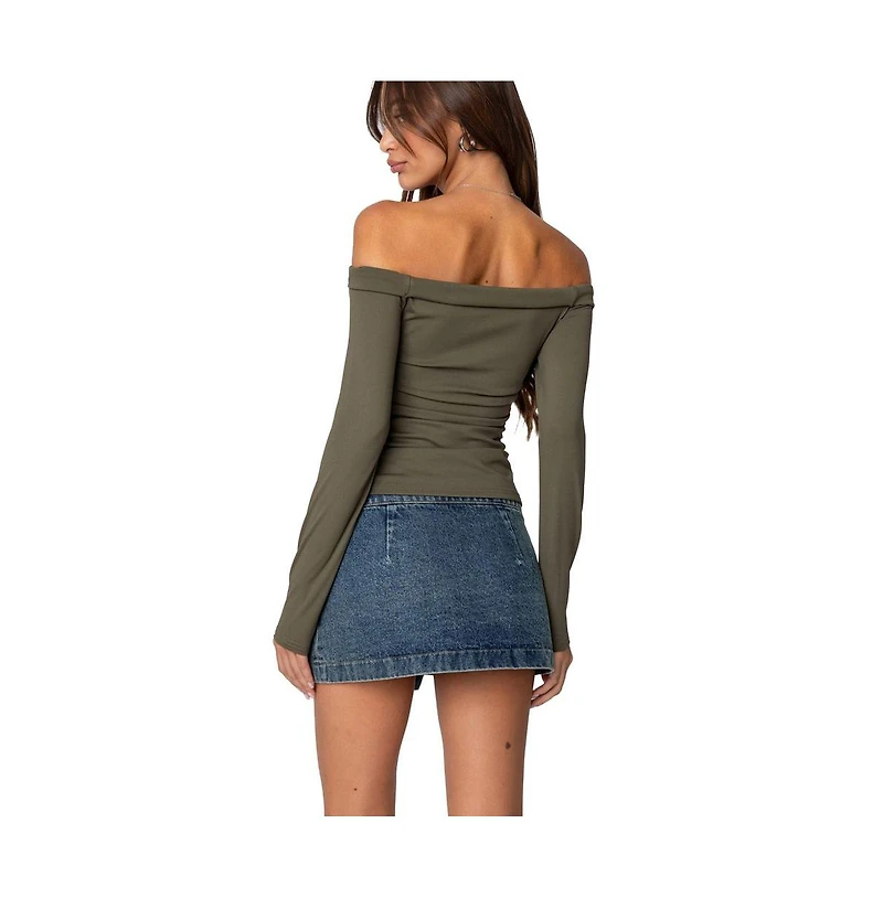 Edikted Womens Celly Rolled Off Shoulder Top