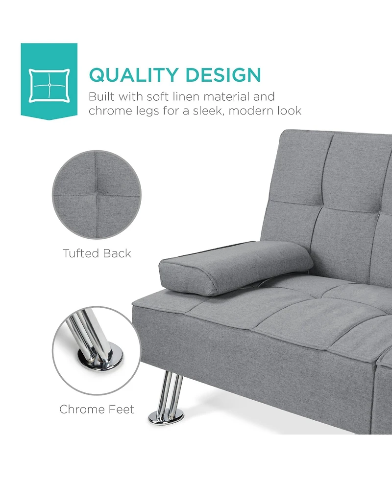 Best Choice Products Modern Linen Convertible Futon Sofa Bed w/ Removable Armrests, Metal Legs, Cupholders