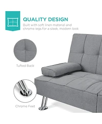 Best Choice Products Modern Linen Convertible Futon Sofa Bed w/ Removable Armrests, Metal Legs, Cupholders