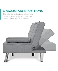Best Choice Products Modern Linen Convertible Futon Sofa Bed w/ Removable Armrests, Metal Legs, Cupholders