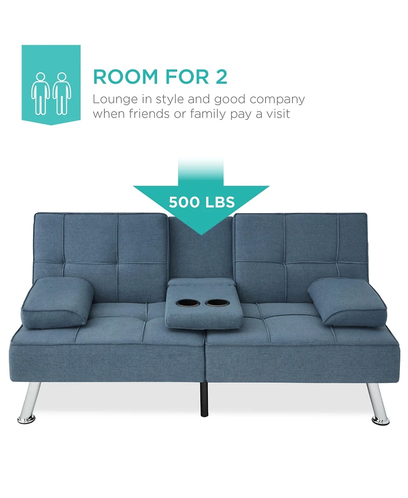 Best Choice Products Modern Linen Convertible Futon Sofa Bed w/ Removable Armrests, Metal Legs, Cupholders