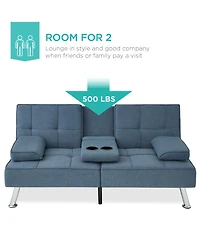 Best Choice Products Modern Linen Convertible Futon Sofa Bed w/ Removable Armrests, Metal Legs, Cupholders