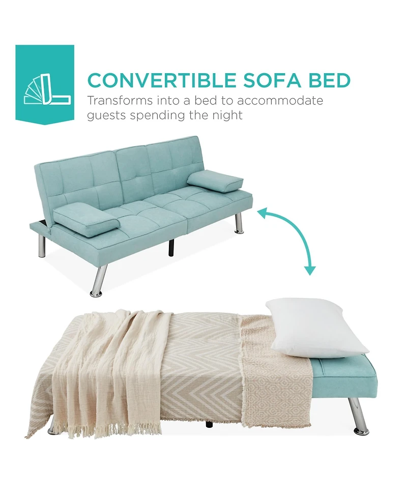 Best Choice Products Modern Linen Convertible Futon Sofa Bed w/ Removable Armrests, Metal Legs, Cupholders