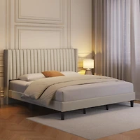 Yaheetech King Upholstered Bed Frame with Wing Side, Platform Bed Frame with Channel Headboard, Mattress Foundation with Wood Slat Support, Beige