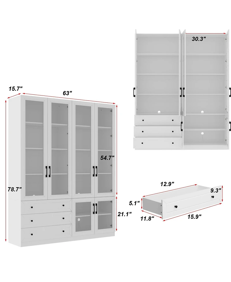 Famapy White 10-Shelf Accent Bookcase with Glass Doors, Led Lights