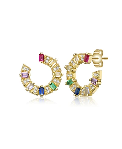 Sterling Silver 14k Gold Plated Rainbow with Cubic Zirconia Front-Facing C-Hoop Earrings