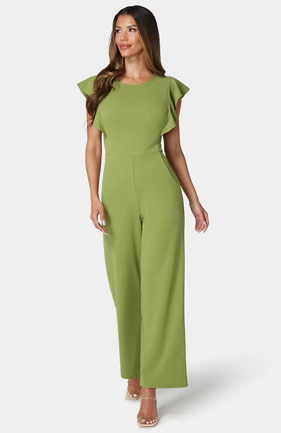 Bebe Women's Scuba Crepe Jumpsuit With Ruffle Sleeve