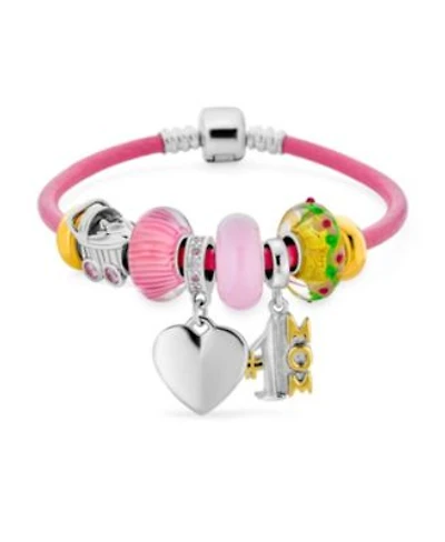 Bling Jewelry 1 Mom Family Heart Theme Beads Multi Charm Bracelet .925 Sterling Silver Pink Leather European Barrel Snap Clasp Bracelets 6.5 7 7.5 8 8.5 Inch