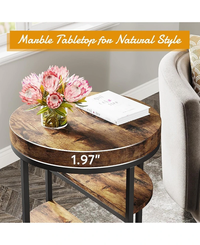 Tribesigns Round End Table, Small End Table with 3 Storage Shelves,Industrial Wooden Sofa Side Table, Rustic Brown Nightstand and Bedside Table
