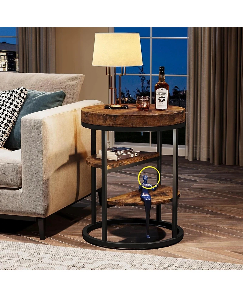 Tribesigns Round End Table with 3 Storage Shelves, Wood Side Table, Industrial Sofa Side Table, Rustic Brown Nightstand and Bedside Table