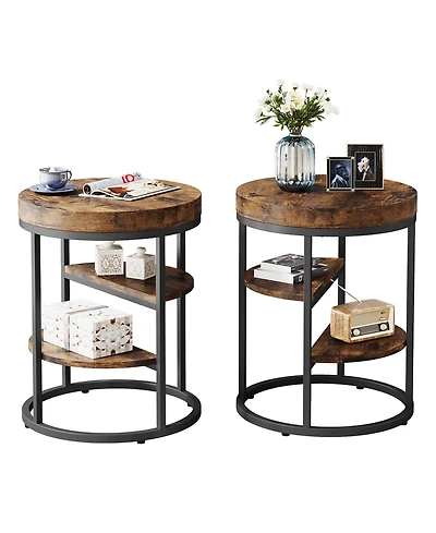 Tribesigns Round End Table with 3 Storage Shelves, Wood Side Table, Industrial Sofa Side Table, Rustic Brown Nightstand and Bedside Table
