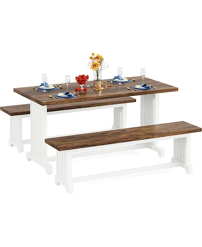 Tribesigns 47" Dining Table Set for 4-6, 3-Piece Kitchen Room Table with 2 Benches, Farmhouse Wood Dinner Table for Small Space, Home Kitchen