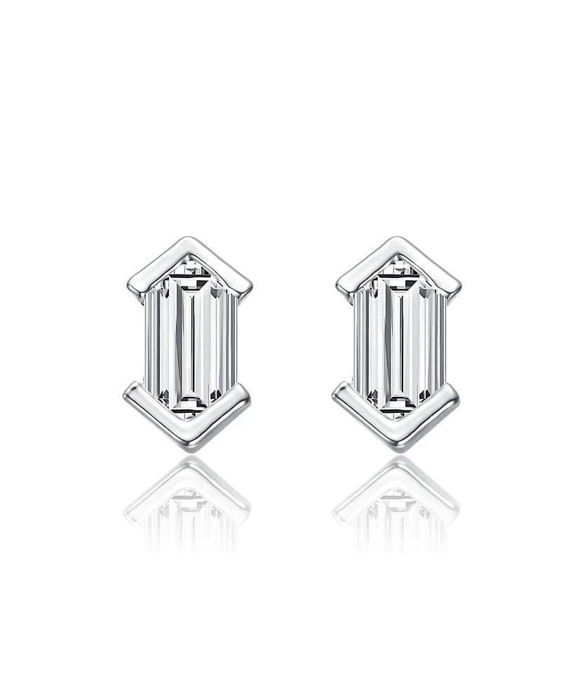 Sterling Silver Mini Cubic Zirconia Baguette Geometric Stud Earrings in White Gold Plated or 14k Gold Plated