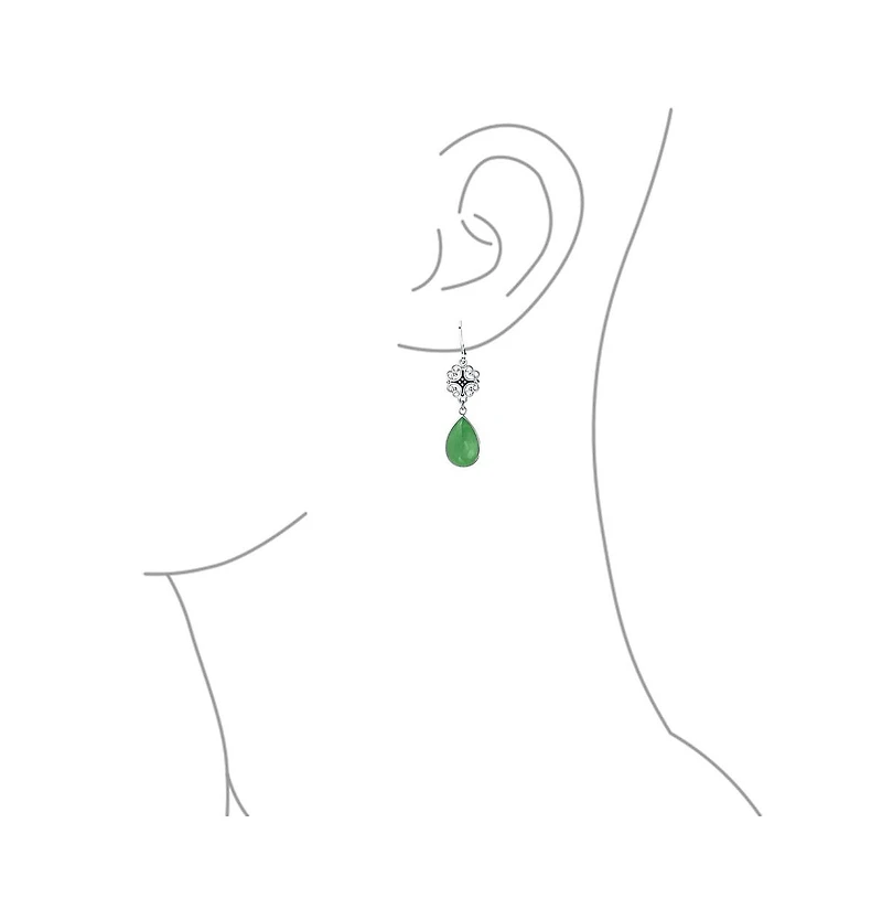 Bling Jewelry Dyed Green Jade Filigree Teardrop Pear Shaped Good Fortune Lever Back Dangle Earrings .925 Sterling Silver