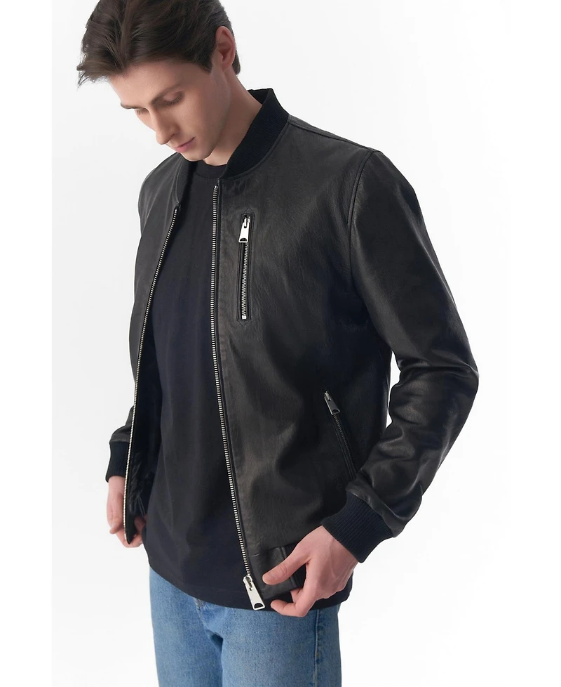 Furniq Uk Men's Genuine Leather Bomber Jacket, Natural Grain Black