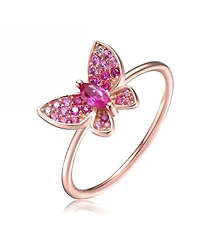 GigiGirl Sterling Silver with 18K Rose Gold Plated Red Cubic Zirconia Small Butterfly Ring
